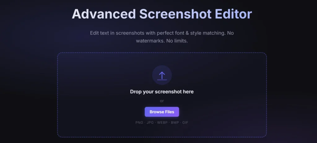 Screenshot Editor Online homepage  with image uploading feature