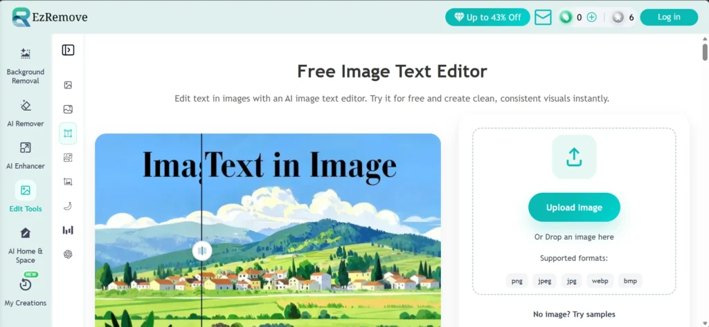 EZRemove AI Image Text Editor tool interface